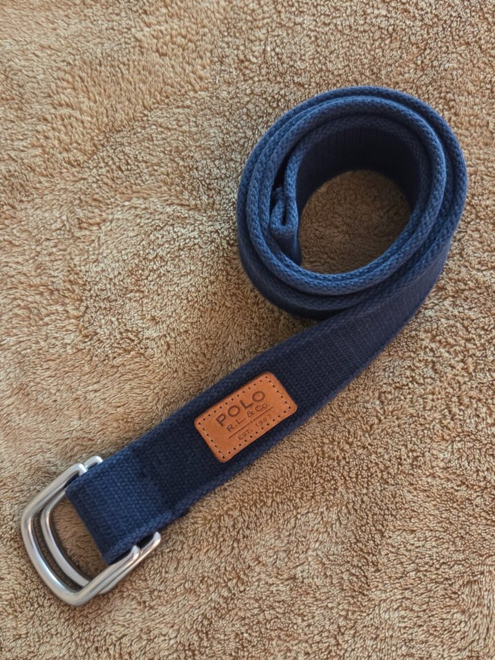 Polo Ralph Lauren Navy Blue Canvas Silver Double D Ring Belt Size Large 42.5"